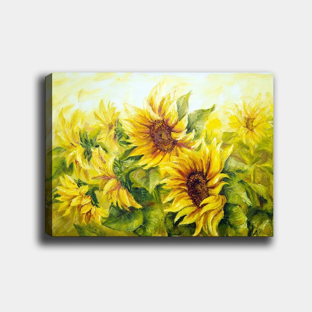 Lerretsbilde 70x100 cm - Livlig maleri av solsikker i forskjellige nyanser av gult og grønt v:6760778
