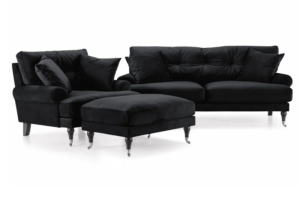 Andrew Sofagruppe 2-seter Sofa + Lenestol + Fotskammel i Fløyel v:5601000 Andrew Sofagruppe 2-seter Sofa + Lenestol + Fotskammel i Fløyel v:5601000