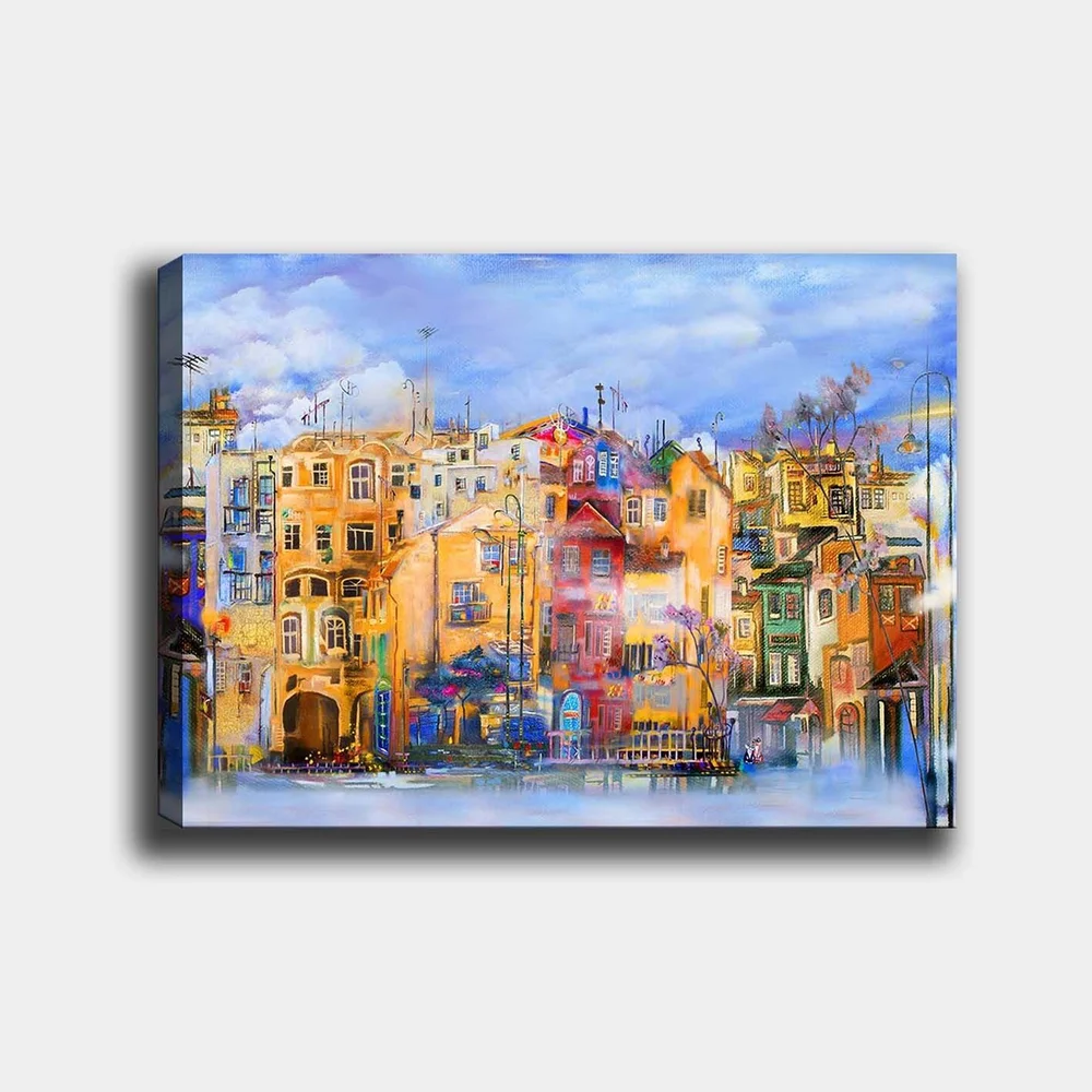Lerretsbilde 70x100 cm - Fargerike hus ved vannkanten i et livlig bymiljø v:5703144