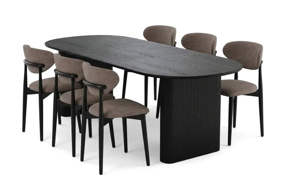 Noira spisegruppe uttrekkbar 220-320 cm svart med 6 Molly spisestoler v:6925417