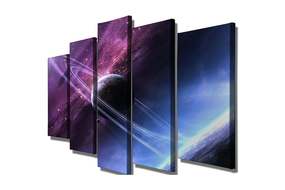 Stort lerretsbilde i 5 deler 105x70 cm - Romlandskap med en planet og ringer på en stjernehimmel v:8335141