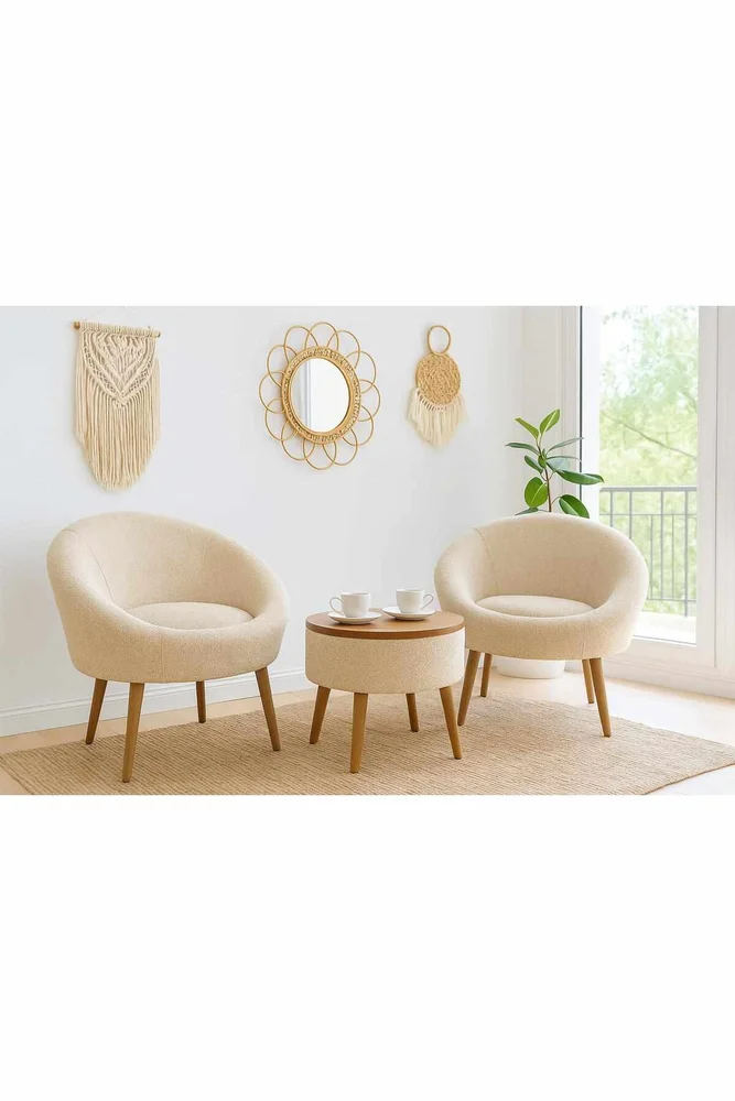Ørelappstol- og salongbordsett (3 deler) Atelier Del Sofa Lida Linen (75 x 100 x 42 cm) Krem v:3811281