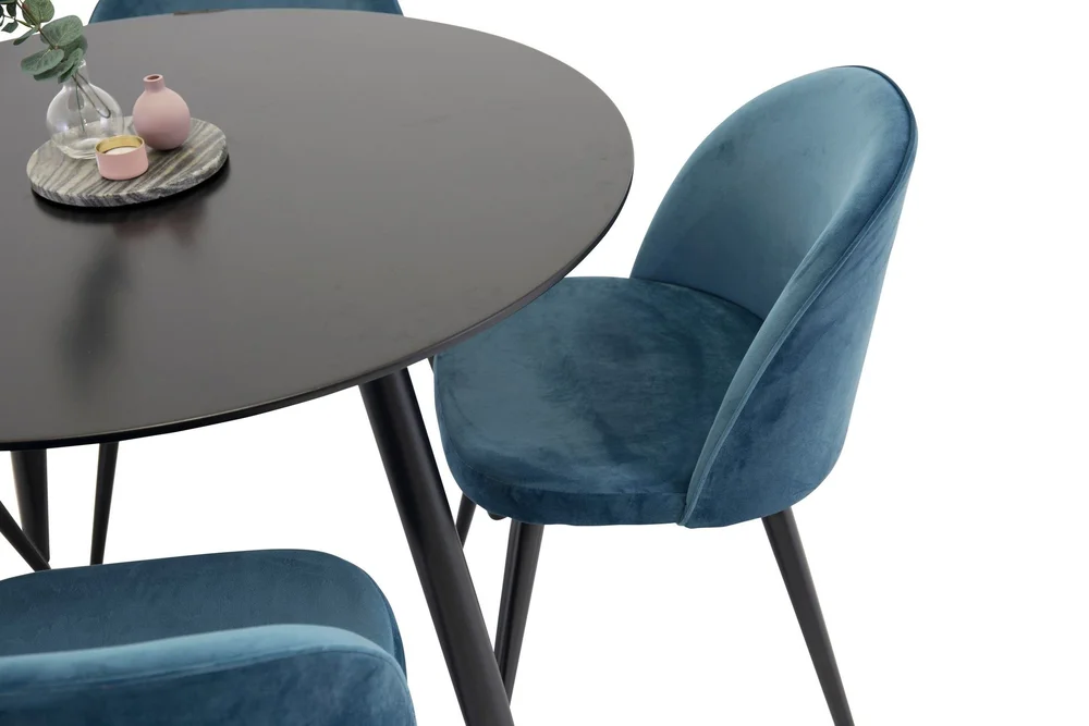 Spisegruppe Venture Home Deandra spisegruppe 100 cm rund med 4 Sedavi-stoler Svart/blå v:2756316