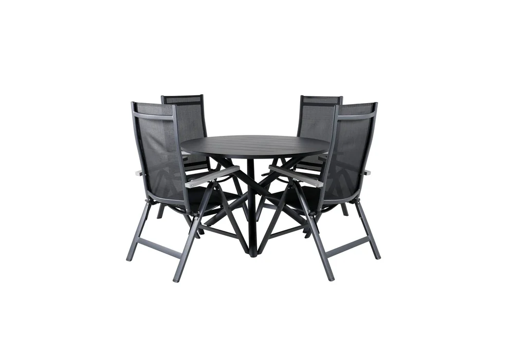 Spisegruppe for utendørsbruk Alma spisebord – svart alu – ø120 cm + Albany Light 5-pos – svart / svart textilene og grå teak_4 Svart/grå v:7941677