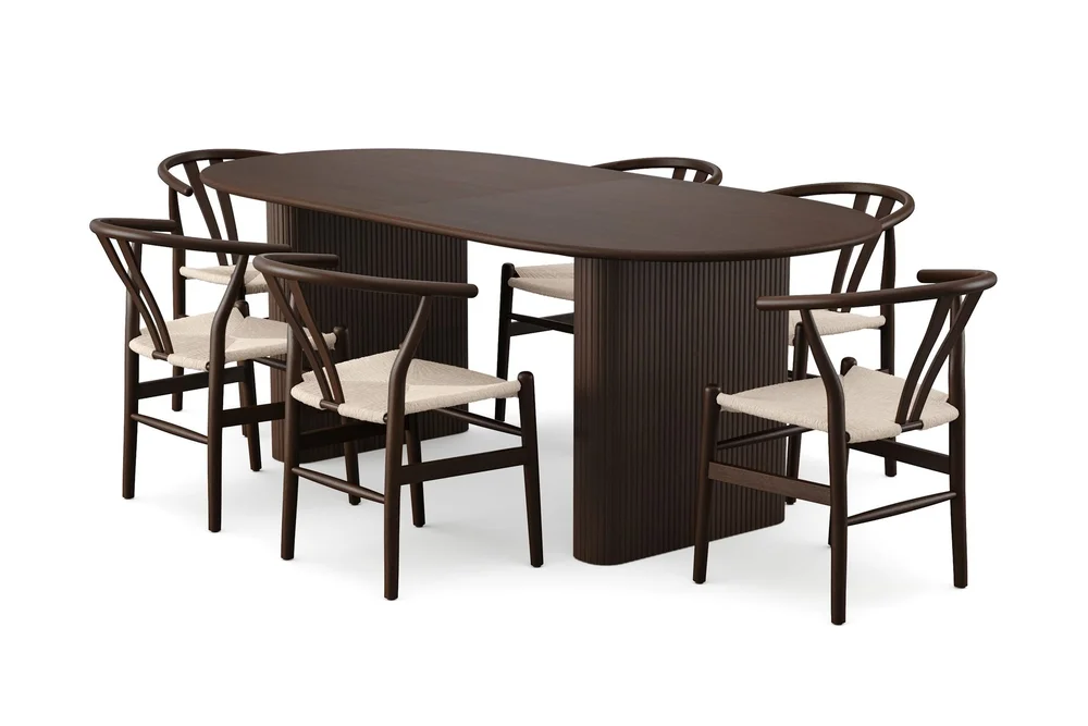 Noira spisegruppe uttrekkbar 220–320 cm røkt eik med 6 Dastoori spisestoler v:6351706