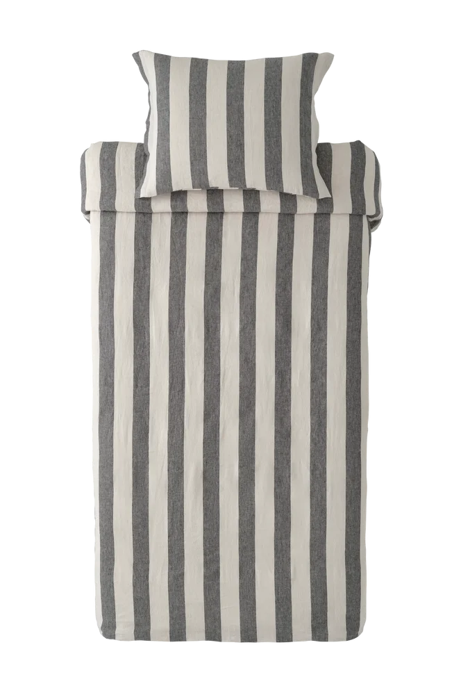 Sengesett Candice Block Stripe i vasket lin, 2 deler - Grå - Tekstiler | m v:2269932