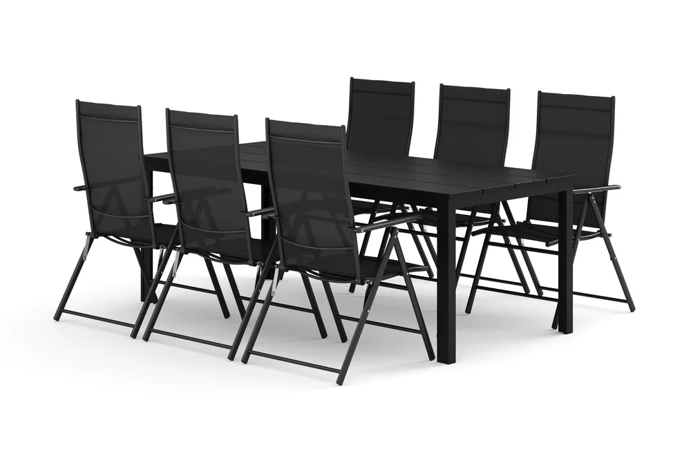 Tunis utendørs spisegruppe 205x90 cm med 6 regulerbare stoler v:2163294