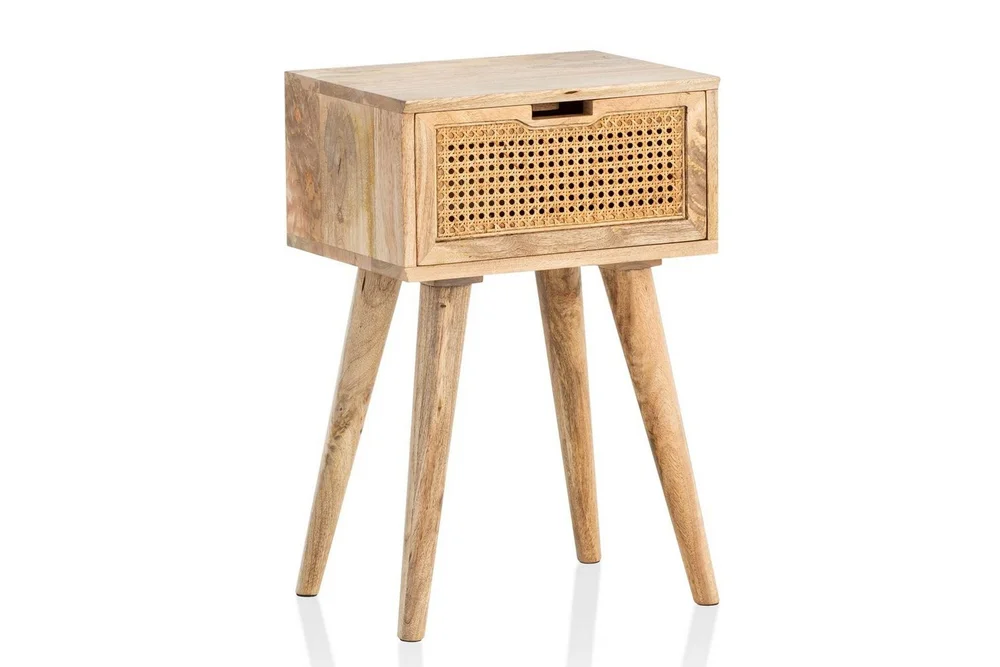 Nattbord Wohnling Massivt mangotre med 1 skuff med wienerfletting i moderne design Lysebrun v:4492405