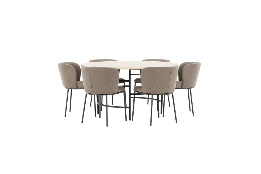 Spisegruppe Copenhagen Rund 140 cm Hvit/Svart med 6 Edina-stoler Svart / Brun v:5196942