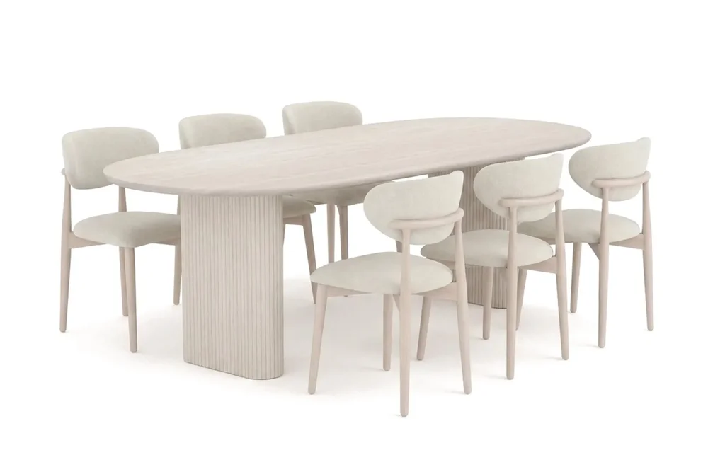 Noira spisegruppe uttrekkbar 220-320 cm hvitlasert med 6 Molly spisestoler v:6210350