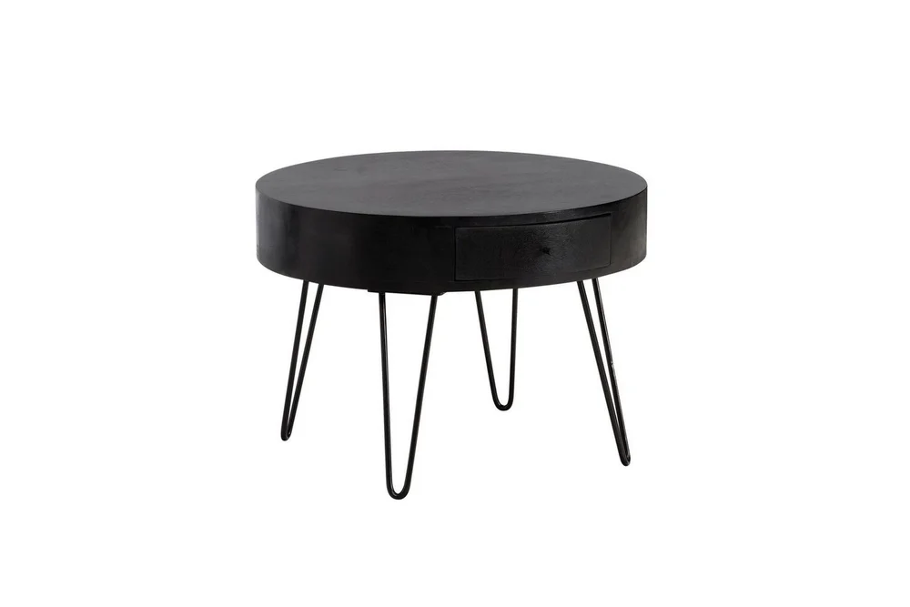 Sofabord Wohnling massivt tre 60 cm rund med skuff, landlig stil Svart v:5424838
