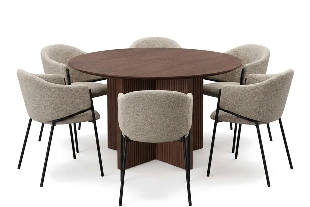 Edda spisegruppe rundt 130 cm valnøtt med 6 Filip spisestoler v:9753712