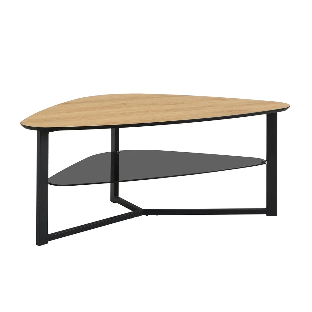 Erlona sofabord 110 cm nyreformet med eikelook, glasshylle og metallstamme v:7063059