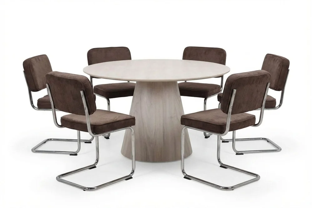 Siena spisegruppe rund 130 cm hvitlasert med 6 Milva spisestoler v:1427656