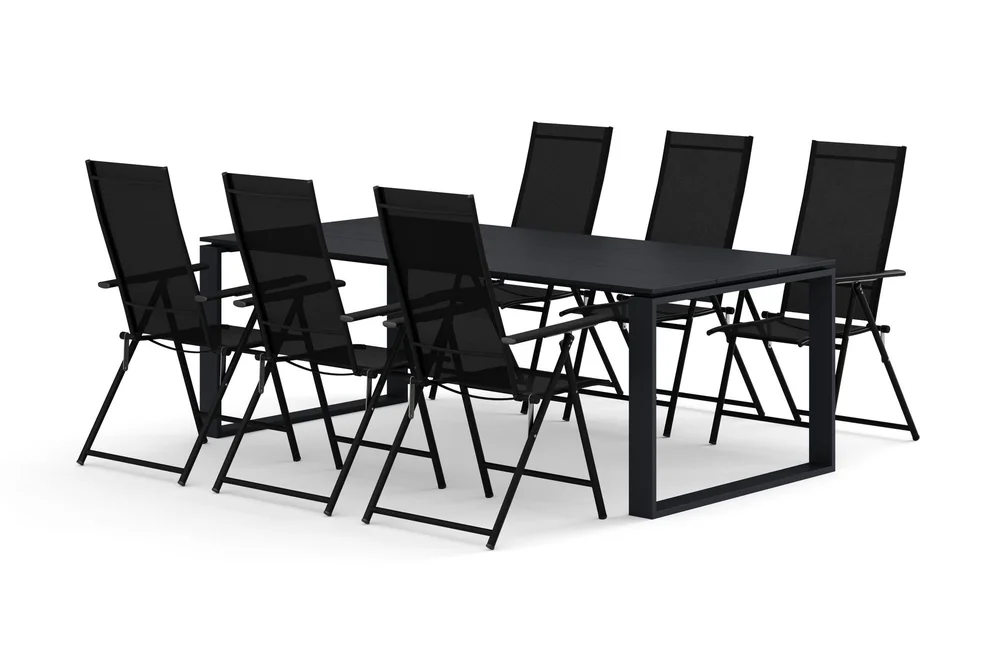 Devon utendørs spisegruppe 210×100 cm med 6 Sanna regulerbare stoler v:8199849 Devon utendørs spisegruppe 210×100 cm med 6 Sanna regulerbare stoler v:8199849